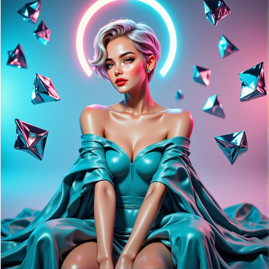 Frau mit kurzem silbernem Haar vor Neon-Hintergrund und schwebenden Formen