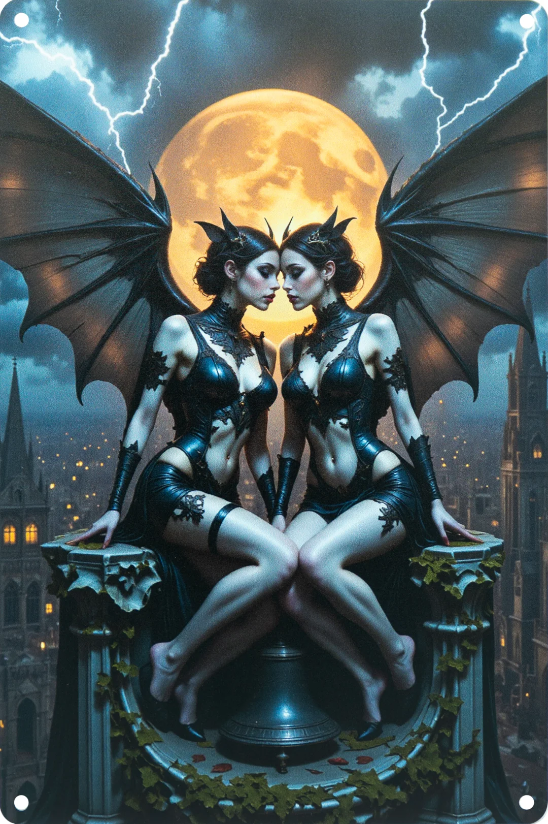 Zwei düstere Gargoyle-Schwestern mit Flügeln vor Vollmond – aufwändig gestaltetes Blechschild mit Gothic-Fantasie.