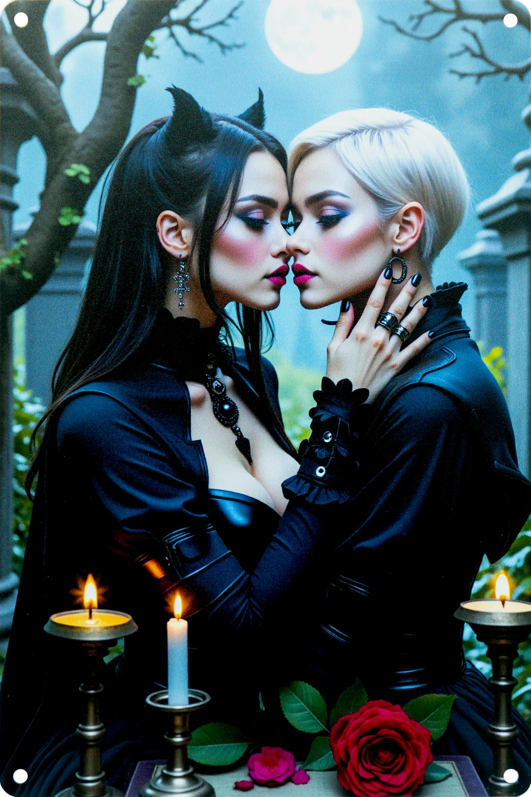 Zärtliches Gothic-Paar bei Kerzenschein und Vollmond – edles Blechschild mit Rosen und dunkler Romantik.