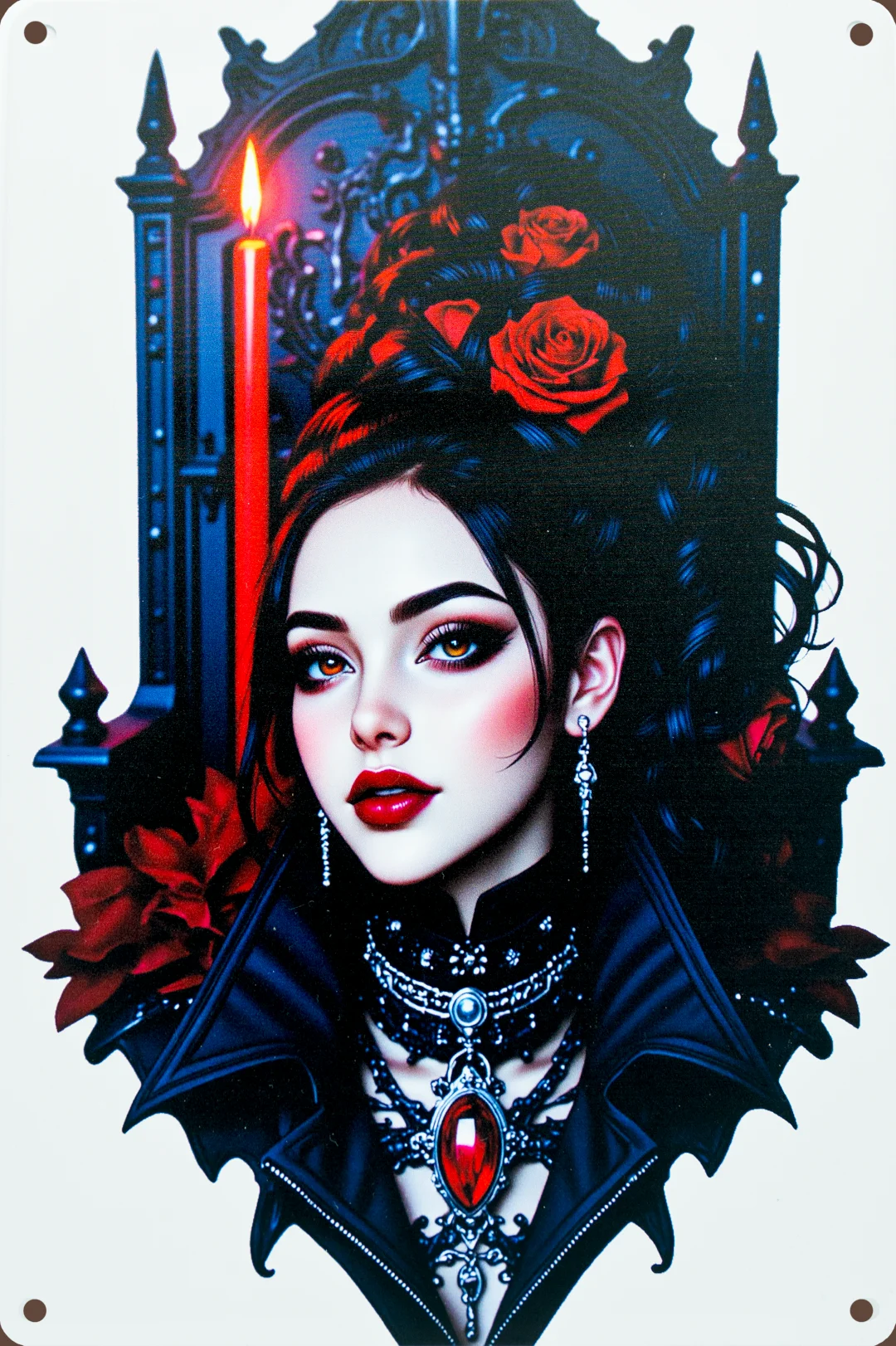Gothic-Schönheit mit rotem Amulett, Rosen im Haar und Kerze – auf edlem Blechschild in dunklem Stil.