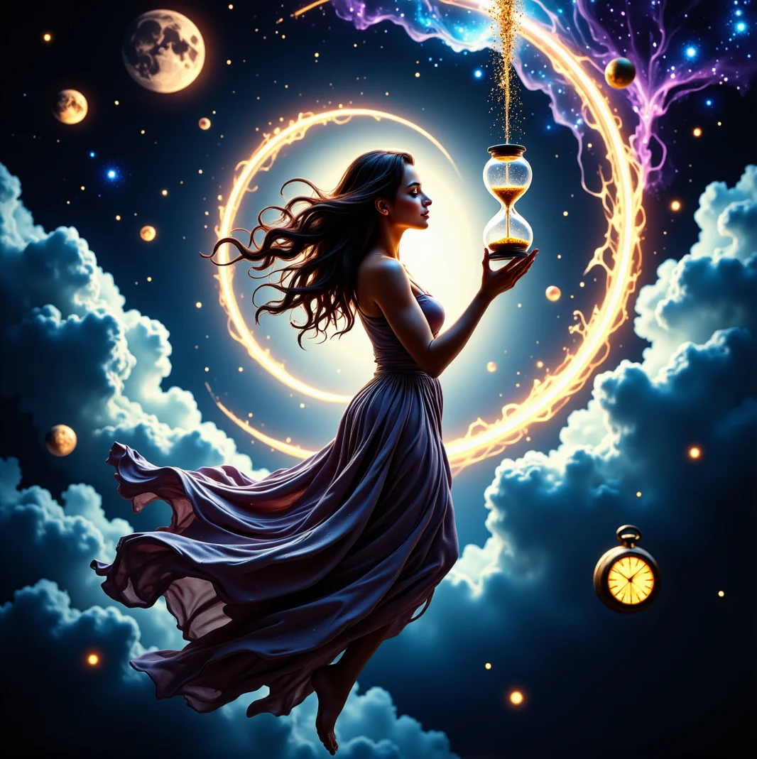 Frau mit Sanduhr schwebt im Kosmos zwischen Planeten, Lichtkreisen und Symbolen der Zeit